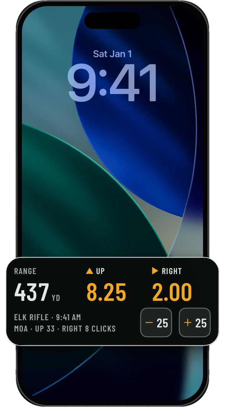 Lock Screen Live Activity: range 437 yd, UP 8.25, RIGHT 2.00, with minus 25 and plus 25 buttons