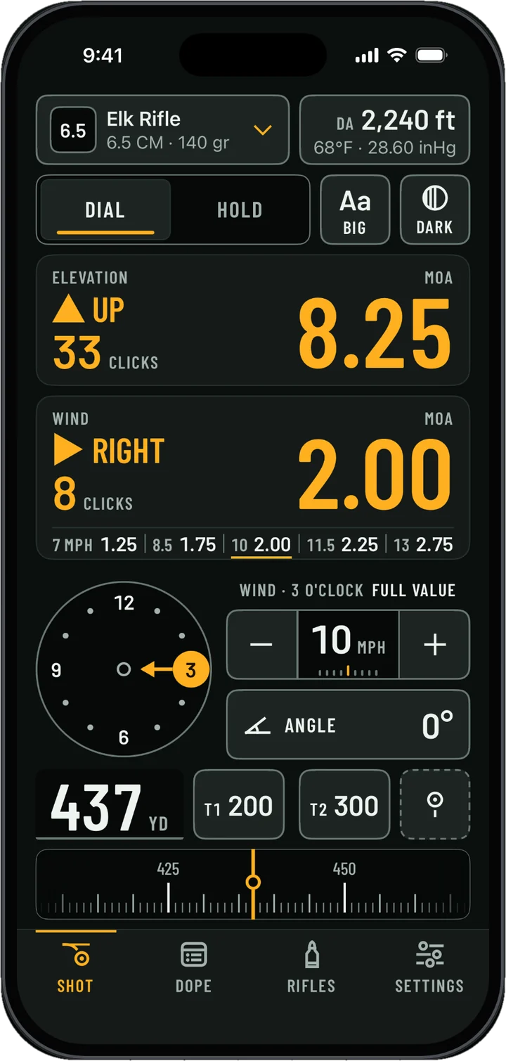 Ballista's Shot screen at 437 yards: elevation UP 8.25 MOA, 33 clicks; wind RIGHT 2.00 MOA, 8 clicks