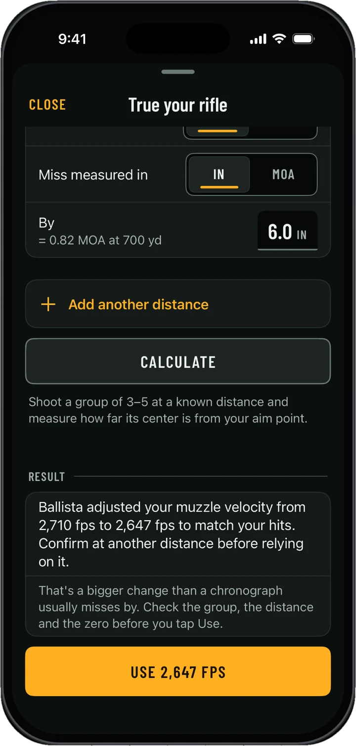 True your rifle: miss measured in inches, result adjusts muzzle velocity from 2,710 to 2,647 fps