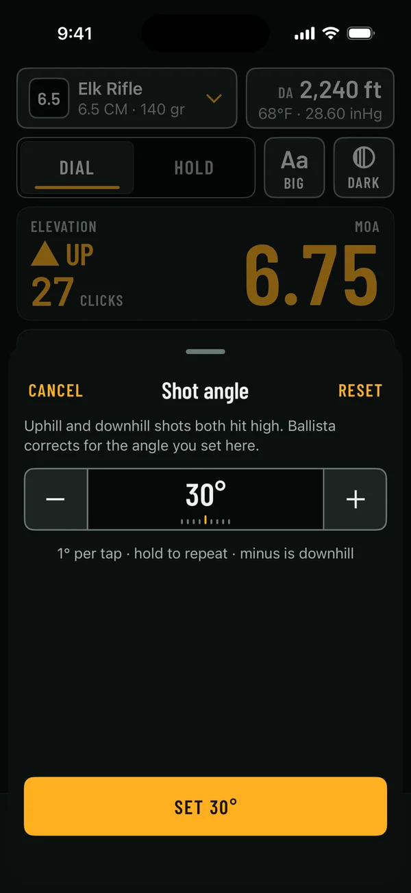 Ballista's Shot angle sheet with the stepper at 30 degrees and a Set 30° button. The Elk Rifle's elevation card shows 6.75 MOA above it.