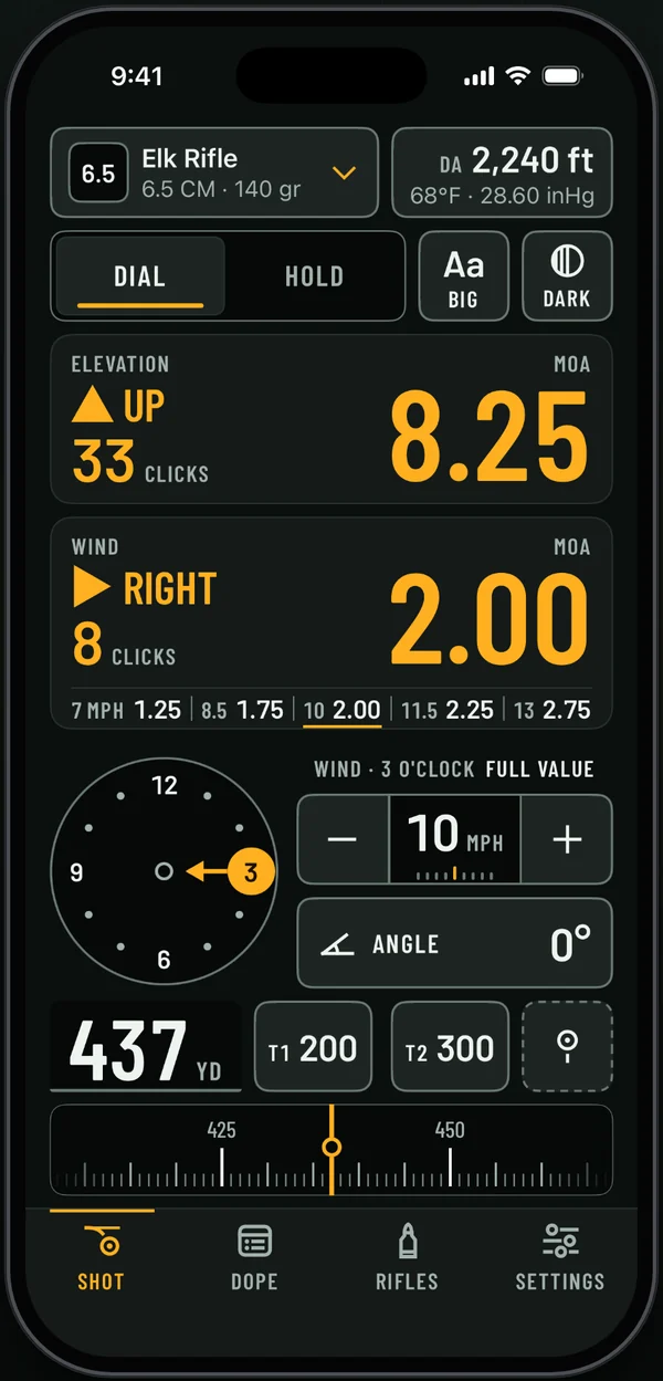 Ballista Shot screen at 437 yards with a 10 mph wind from 3 o'clock. Under the 2.00 MOA wind hold, a strip reads 7 mph 1.25, 8.5 1.75, 10 2.00, 11.5 2.25, 13 2.75.