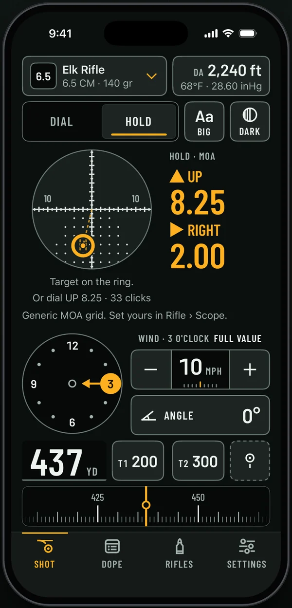 Ballista Shot screen on HOLD with a generic MOA grid, a ring on the grid where the target goes, and the hold 8.25 MOA up and 2.00 MOA right.