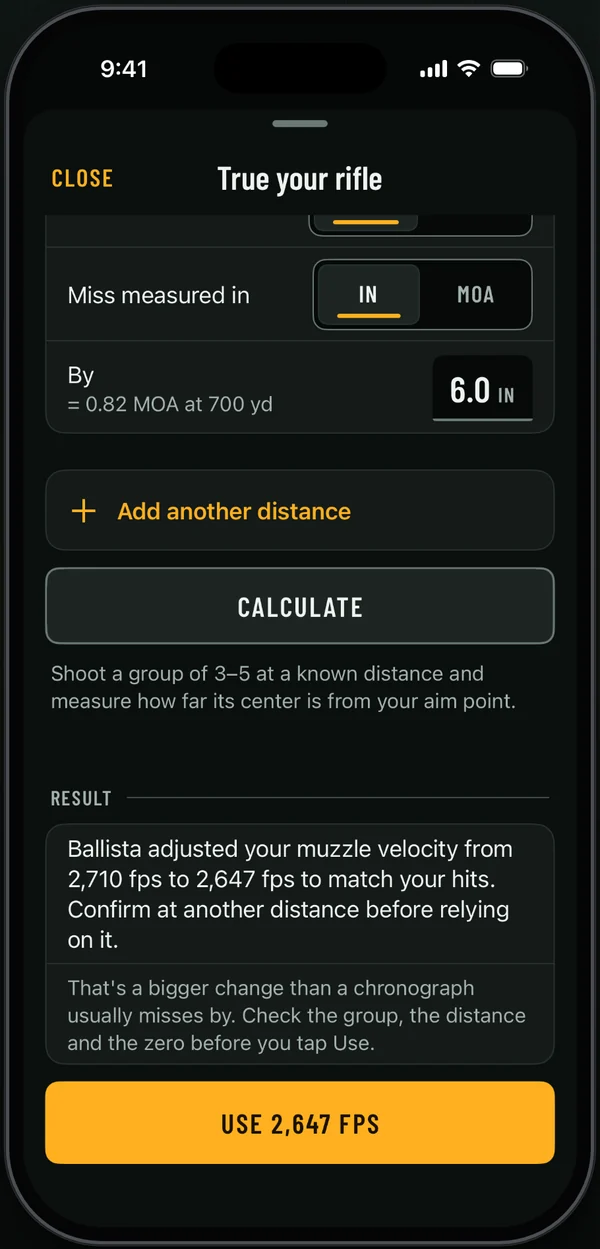 Ballista truing sheet showing a miss measured in inches at 700 yards and the result adjusting muzzle velocity from 2,710 to 2,647 fps.